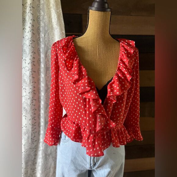 Modern Gap Red & Off White Polka Dot Ruffled Tie Front Blouse - Picture 4 of 14